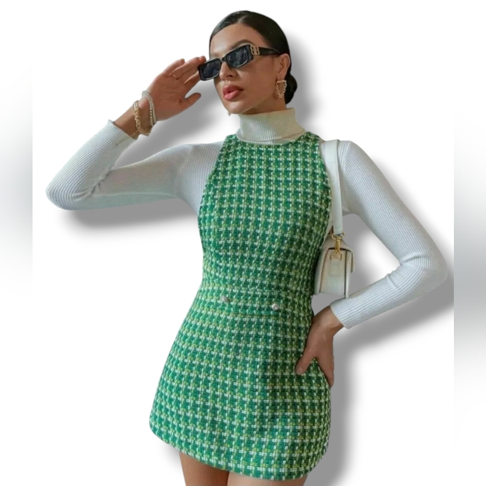 ZARA Green Tweed Textured Pinafore Houndstooth Casual Mini Dress Sz M